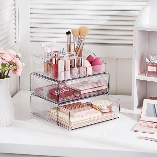 Vtopmart 3 Tier Clear Makeup Organizer with Drawer, Cosmetic Storage for Dresser Countertop and Bathroom Vanity, Beauty Holder for Lipstick Brush Skincare - Image 4