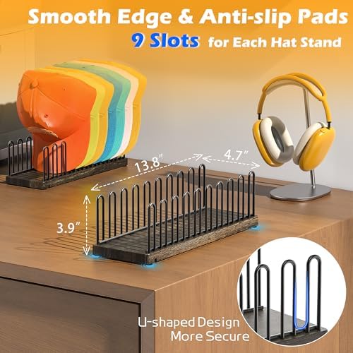 Hat Organizer for 9 Baseball Caps, Solid Wood Base Hat Rack for Closet, Metal Hat Stand for Baseball Caps, Hat Storage with Anti-slip Pads, Cap Organizer Hat Holder for Closet - Image 6