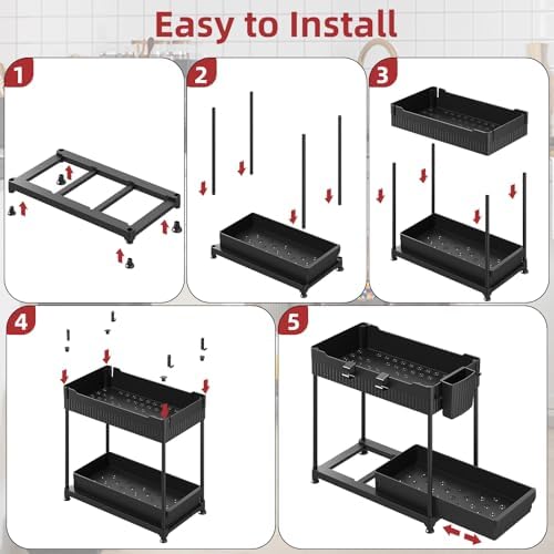 4 Pack Under Sink Organizer, Bathroom Organizers and Storage, 2 Tier Multi-Use Pull Out Cabinet Organizer with Hang Hooks and Cups (Black, 4 Pack) - Image 9