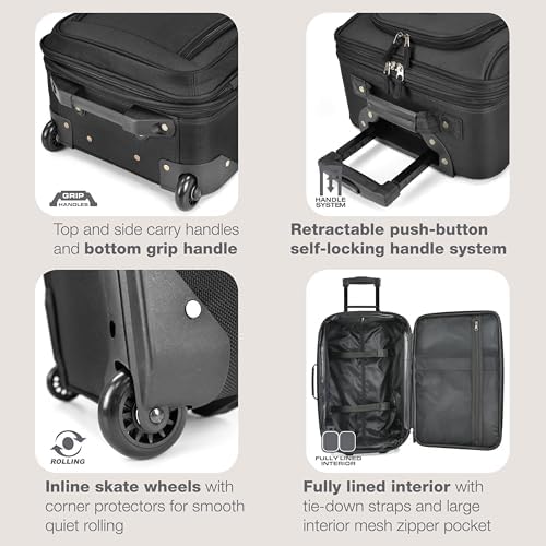U.S. Traveler Rio Fabric Expandable Carry-on Luggage, Rolling Suitcase, Black, 2 Wheel Set - Image 4