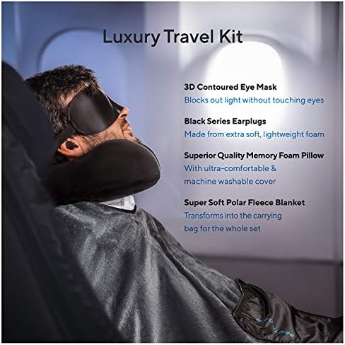 Travel Blanket Luxury Travel Set - Ergonomic Airplane Neck Pillow 100% Pure Memory Foam and Super Soft Fleece Blanket - Premium 3D Sleep Mask & Earplugs - Ultimate 4-in-1 Traveling Kit Black - Image 2