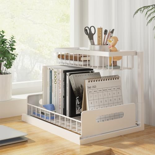 REALINN Under Sink Organizer, Pull Out Cabinet Organizer 2 Tier Slide Out Sink Shelf Cabinet Storage Shelves, Storage for Kitchen Bathroom, White, 2 Pack - Image 5