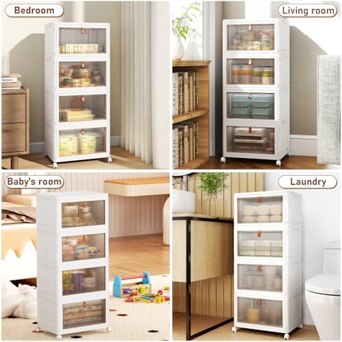 4 Tier Storage Bins with Lids, 23QT Stackable Closet Organizers and Storage with Wheels, Collapsible Storage Boxes, Foldable Plastic Storage Containers for Home,Office, Dorm Room-White - Image 6