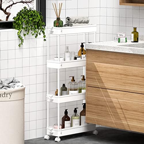 SPACEKEEPER Slim Rolling Storage Cart 4 Tier Bathroom Organizer Mobile Shelving Unit Utility Cart Tower Rack for Kitchen Laundry Narrow Places, White - Image 3