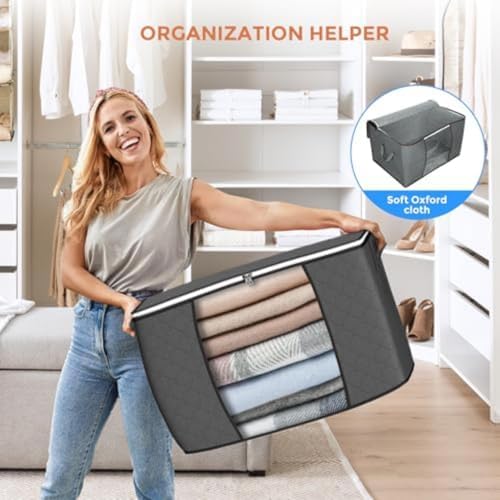 90 L Large Storage Bags, 6 Pack Clothes Storage Bins Foldable Closet Organizers Storage Containers with Reinforced Handle for Clothing, Blanket, Comforters, Bed Sheets, Pillows and Toys (Gray) - Image 6