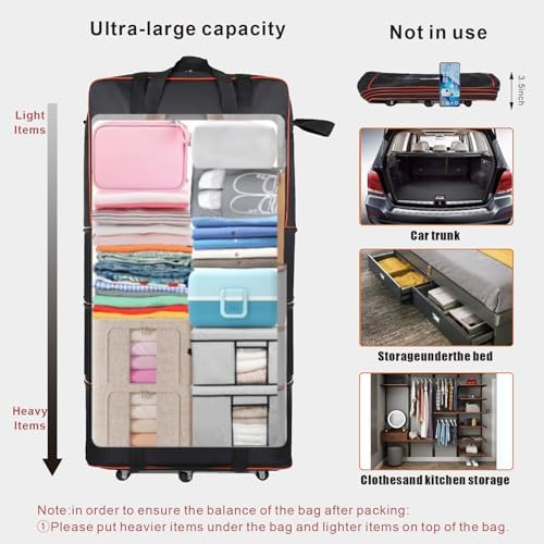 Expandable Large Capacity Travel Bag Oxford Cloth Duffel Bag with Wheels Lightweight Waterproof Travel Foldable Suitcase(Black) - Image 4