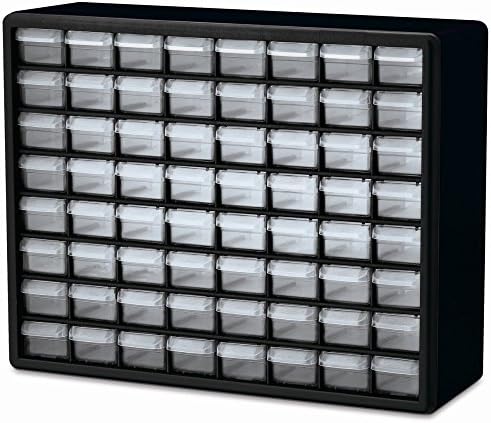 Akro-Mils 64-Drawer Plastic Drawer Storage Cabinet for Garage Organization, Bead Organizer, Building Bricks Storage, Teacher Toolbox, Makeup Organizer, 20-Inch W x 6-Inch D x 16-Inch H, 10764 Black