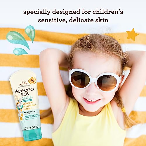 Aveeno Kids Continuous Protection Zinc Oxide Mineral Sunscreen Lotion for Children's Sensitive Skin with Broad Spectrum SPF 50, Tear-Free, Sweat- & Water-Resistant, Non-Greasy, 3 fl. oz - Image 3