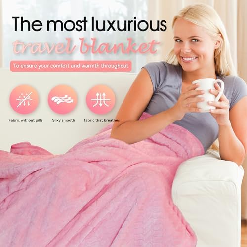 Travel Blanket and Pillow – Ultra Soft Lightweight Compact Blanket for Airplane, Car, Bus, Travel – Portable Cozy Fleece for Men, Women, and Kids – Pink, 42" x 68" - Image 5