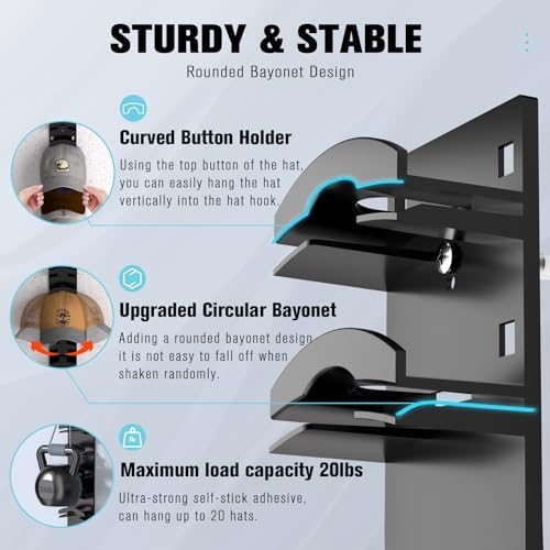 Hat Organizer for Baseball Caps 2Pack, Hat Rack for Wall with Strong Adhesive Hold up to 20 Hats, Hat Hanger Holder Display for Door Closet, Cap Organizer Storage Multilayer Two Mounting Option(Black) - Image 4