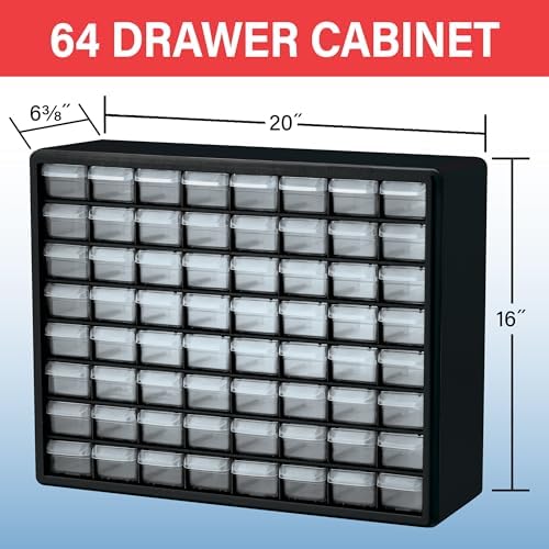Akro-Mils 64-Drawer Plastic Drawer Storage Cabinet for Garage Organization, Bead Organizer, Building Bricks Storage, Teacher Toolbox, Makeup Organizer, 20-Inch W x 6-Inch D x 16-Inch H, 10764 Black - Image 2