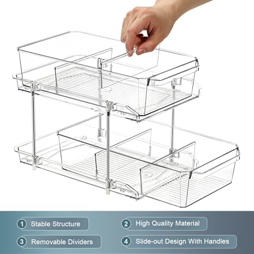 2 Set, 2 Tier Clear Organizer with Dividers for Cabinet, Shlef, Counter - MultiUse Slide-Out Storage Container - Kitchen, Pantry, Medicine Cupboard Bins, Bathroom, Vanity Makeup, Under Sink Organizing - Image 9