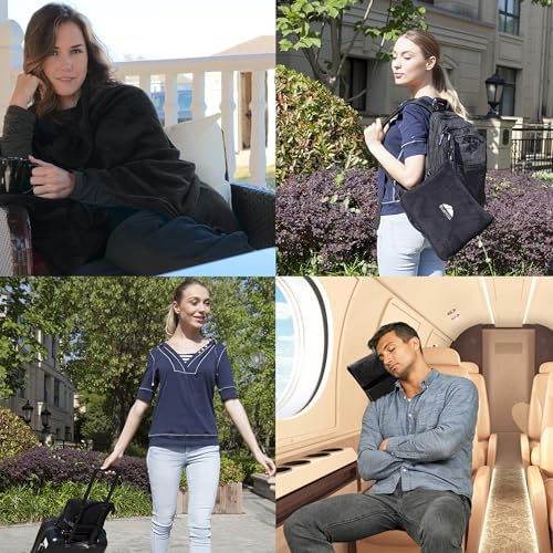 BlueHills Premium Soft Travel Blanket Pillow Airplane Blanket Packed in Soft Bag Pillowcase with Luggage Sleeve Compact Pack Large Traveling Packable Lightweight Gifts Black T008 - Image 2