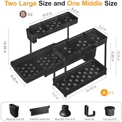 3 Pack Multi-Purpose Under Sink Organizers and Storage, 2025 L-Shaped Pull Out Cabinet Organizer for Bathroom & Kitchen, Under Cabinet Organizer with Hooks Hanging Cup, Black - Image 6