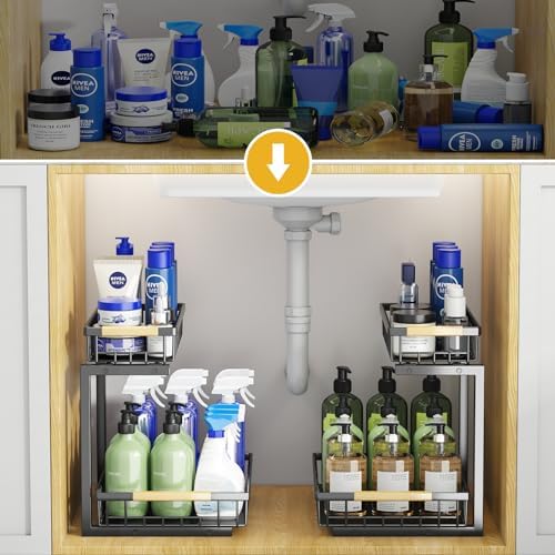 Miyawell Under Sink Organizer, 2 Pack 2 Tier Under Sink Organizers and Storage, Slide out Pull Out Cabinet Organizer Shelf, Metal Drawers Shelves for Kitchen Bathroom Closet Organization - Image 7