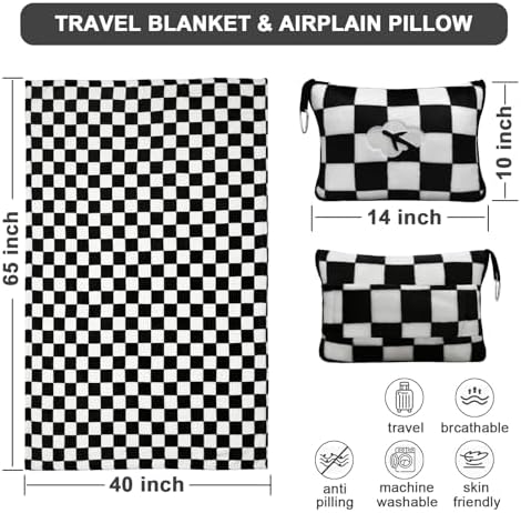 Travel Blanket and Pillow Compact, Premium Soft 2 in 1 Airplane Blanket with Soft Bag Pillowcase,Hand Luggage Sleeve and Backpack Clip (Checkered Black) - Image 3