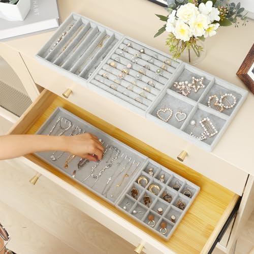 Fixwal Jewelry Organizers and Storage, 14in Stackable Jewelry Drawer Organizer, Set of 5 Jewelry Trays with Removable Dividers, Multi-Layer Tray for Earrings Necklaces Bracelets Watches, Grey - Image 7