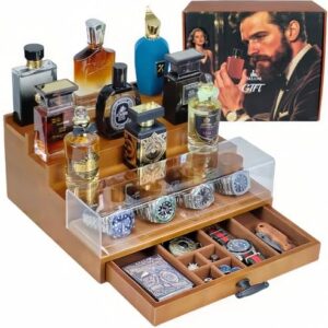 Cologne Watch Organizer Walnut Brown – Wooden Perfume Display Stand with Jewelry Storage Drawer, Velvet Lining, Hidden Compartment – Large Cologne Holder – Gift Box Included