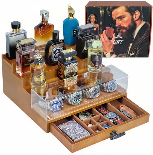 Cologne Watch Organizer Walnut Brown – Wooden Perfume Display Stand with Jewelry Storage Drawer, Velvet Lining, Hidden Compartment – Large Cologne Holder – Gift Box Included