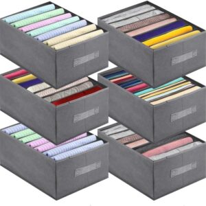 Jeans Organizer for Closet, Foldable Wardrobe Clothes Organizer with Handle, Stackable Closet Clothes Drawer Organizer Tshirts with 7 Grids for Leggings, Sweater, Jean, Pants, Grey (6 PACK)
