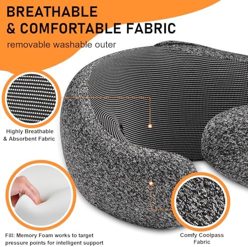 Travel Pillow - Hooded Neck Pillow Airplane Memory Foam Filling for Plane, Office, Cars Sleeping, Road Trip, Long Flights, Portable Plane Accessories, Includes Eye Mask & Earplugs (Dark Gray) - Image 4